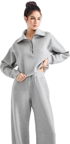 Women 2 Piece Lounge Matching Set Wide Leg Sweatpant Half Zip Sweatshirt - Picture 3 of 8