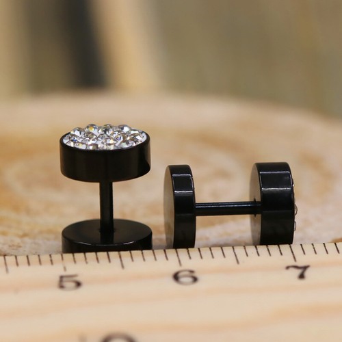 SALE 2x Black Silver Men Crystal Ear Studs Barbell Punk Stainless Steel Earrings - Picture 16 of 21