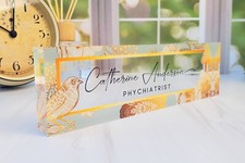 Personalized Clear Acrylic Name Plate Plaque for Desk Flower Bird Decor CAB17FW