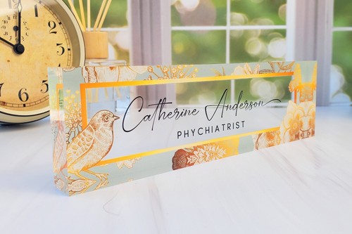 Personalisierte klare Acryl Namensschild Plakette für Schreibtisch Blume Vogel Dekor CAB17FW - Bild 1 von 9