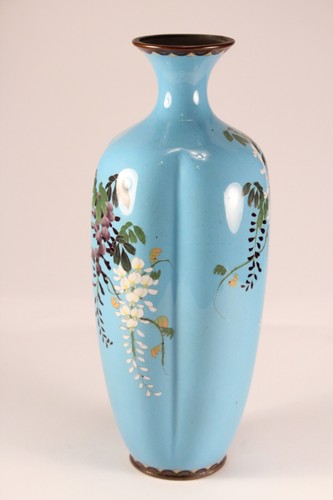 Meiji Antique Japanese Asian Cloisonne Pinched Lobed 9" Wisteria Flowers Vase - Picture 9 of 24