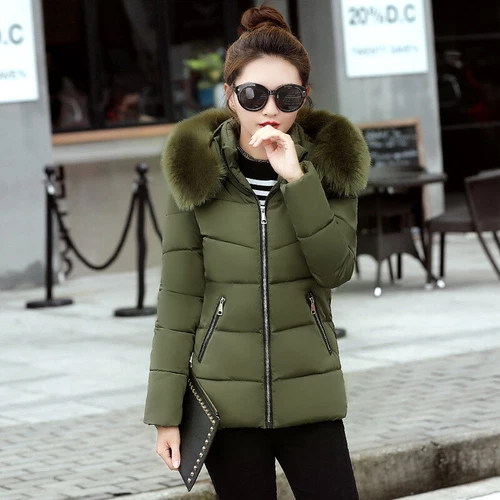 Nuevo Invierno Mujeres Plumón Algodón Cálido Chaqueta Delgada Corto Cuello de Piel Abrigo con Capucha Parka - Imagen 10 de 16
