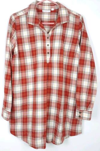 J.Jill x Uncommon Threads Karo Tunika Top M weich rot Langarm 3 Knöpfe V-Ausschnitt