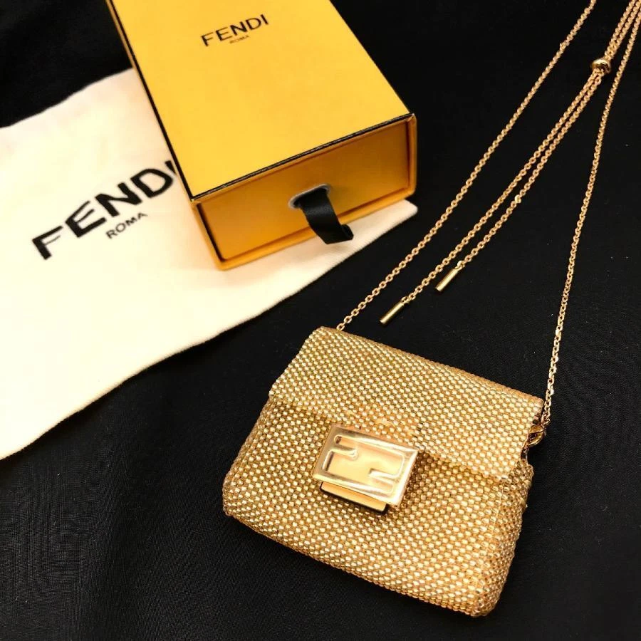 Authentic FENDI Beads Mini Chain Shoulder Bag Pouch Gold w Dust bag Box
