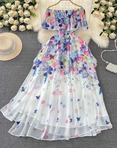 Summer Holiday Flower Chiffon Boho Maxi Dress s-xxl - Picture 2 of 4