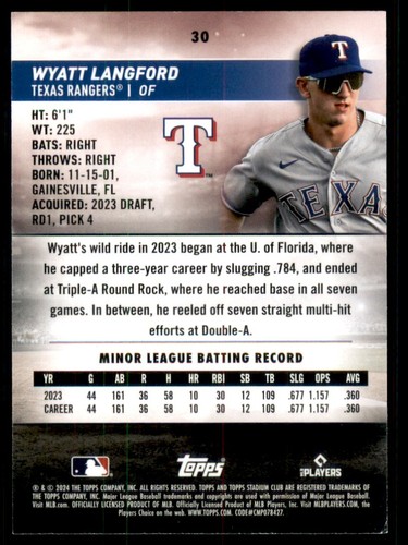 2024 Topps Stadium Club #30 Wyatt Langford Rookie - Picture 2 of 2
