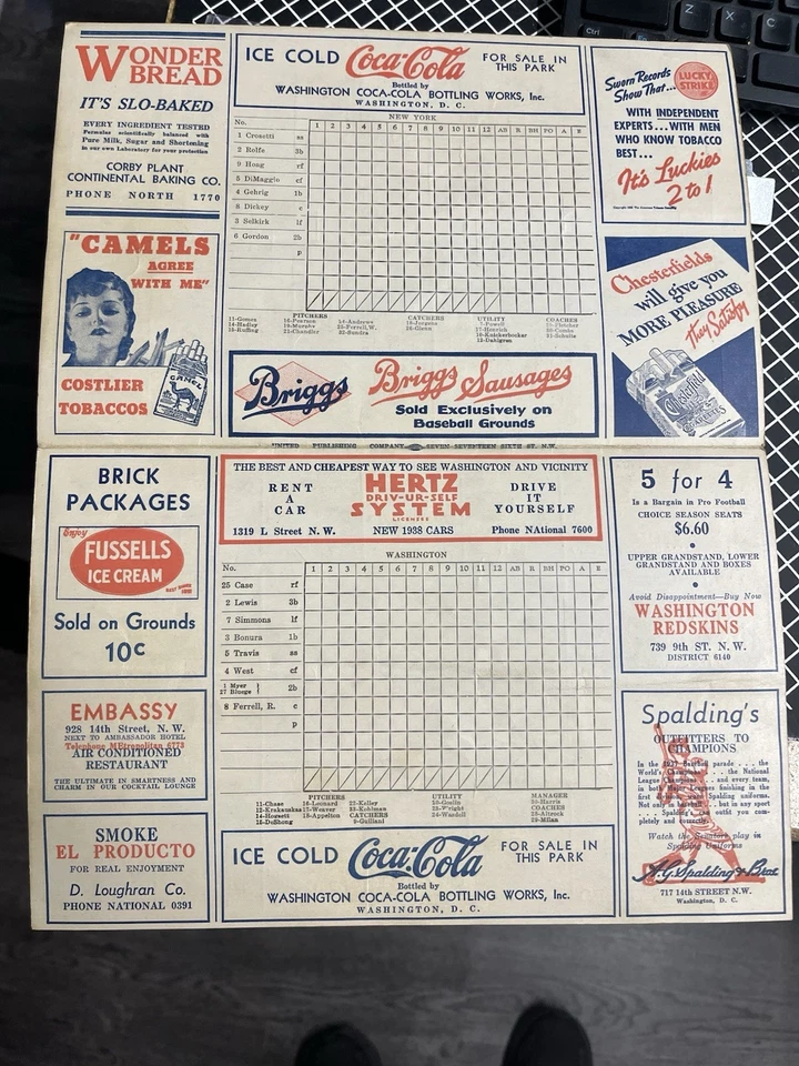 1938 Senators vs. NEW YORK YANKEES Scorecard DiMaggio & Gehrig in same lineup! - Image 3 of 4