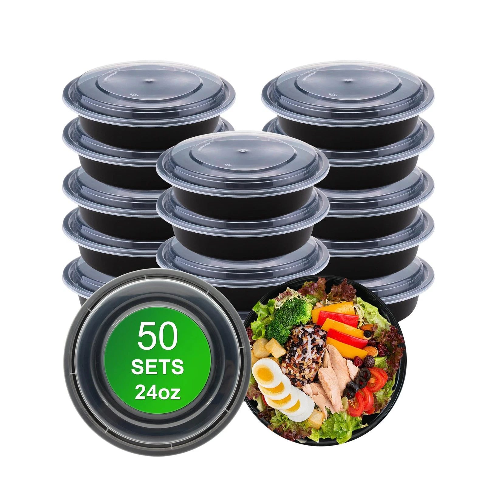 Round Meal Prep Containers with Lids, 50 Pack 24oz (100-Piece) Disposable Lea...