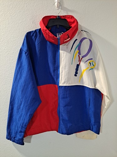 VTG 80s RCA Tennis Championship Men's Color Block Jacket Nipper Dog USA Large - Picture 1 of 9