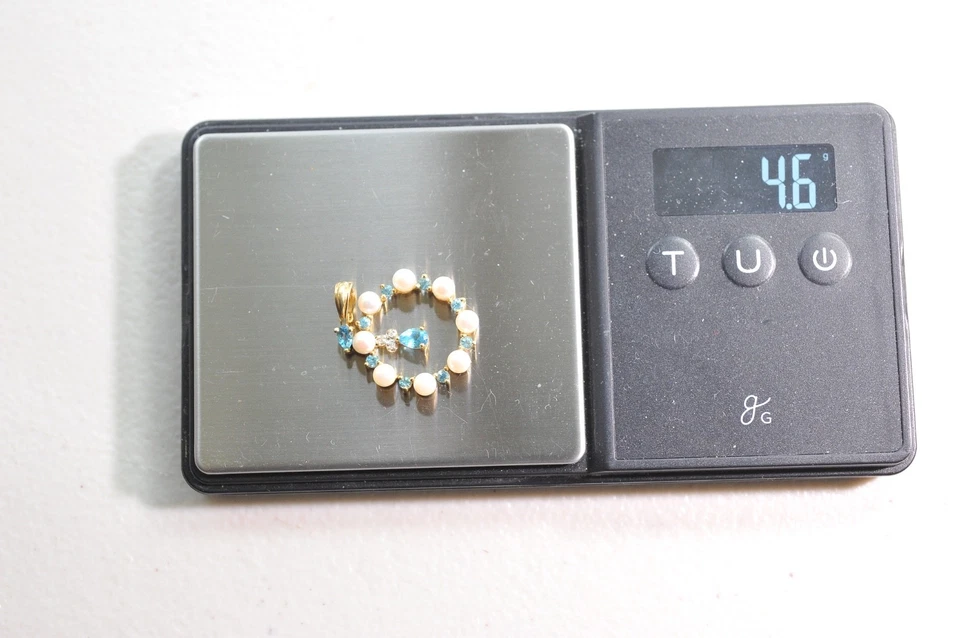 Gota colgante de oro amarillo de 14 quilates topacio diamante perla potenciador Foto 4 de 4