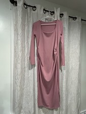 Pink Ribbed Knit Long Sleeve Square Neck Midi Bodycon Dress Ruched Pullover