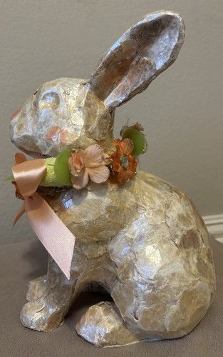 Handcrafted Paper Mache Easter Bunny Pair Metallic Gold Pastel Orange Accents - Picture 4 of 20