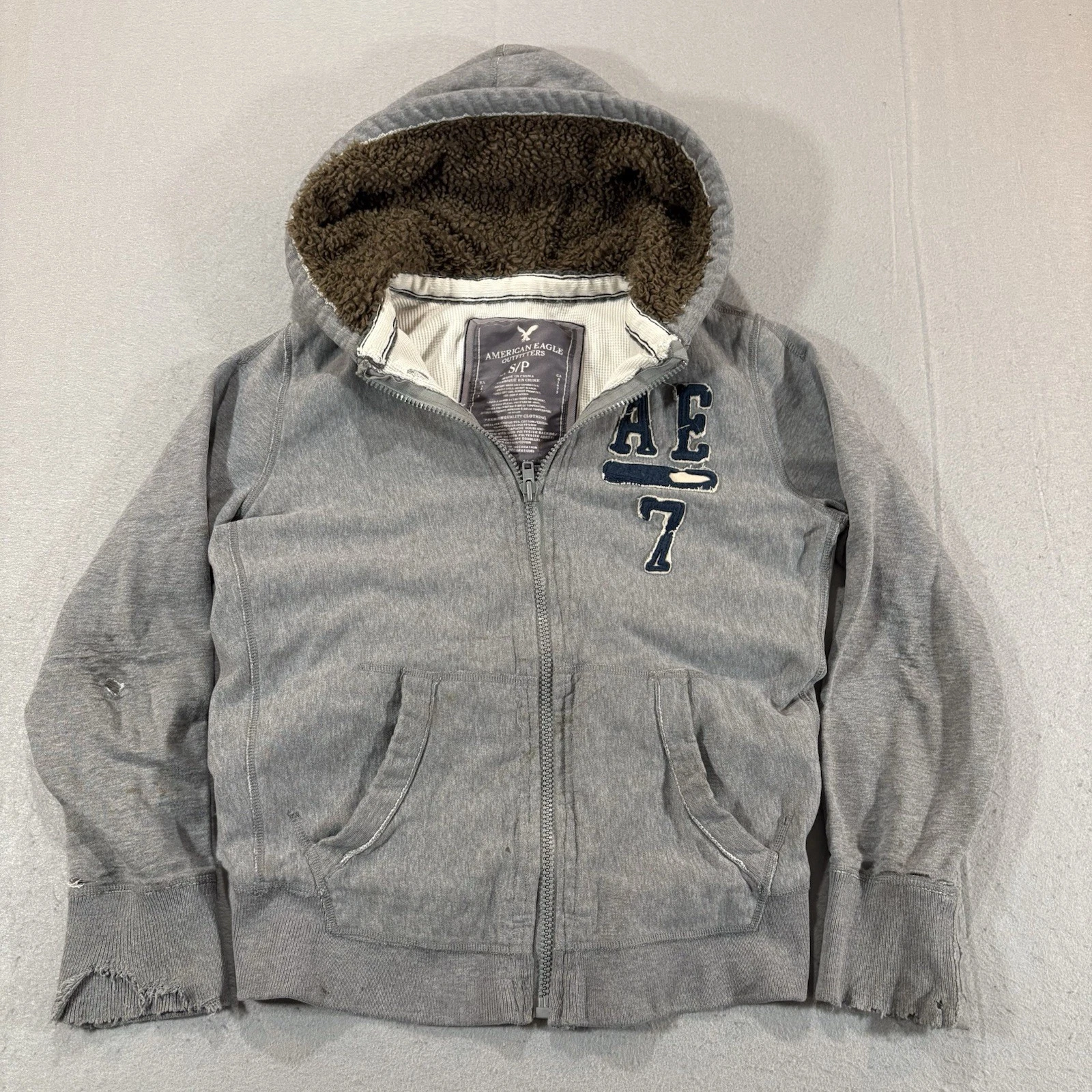 Y2K American Eagle Sherpa Fur Hoodie Men’s Small Full Zip Thermal Distress