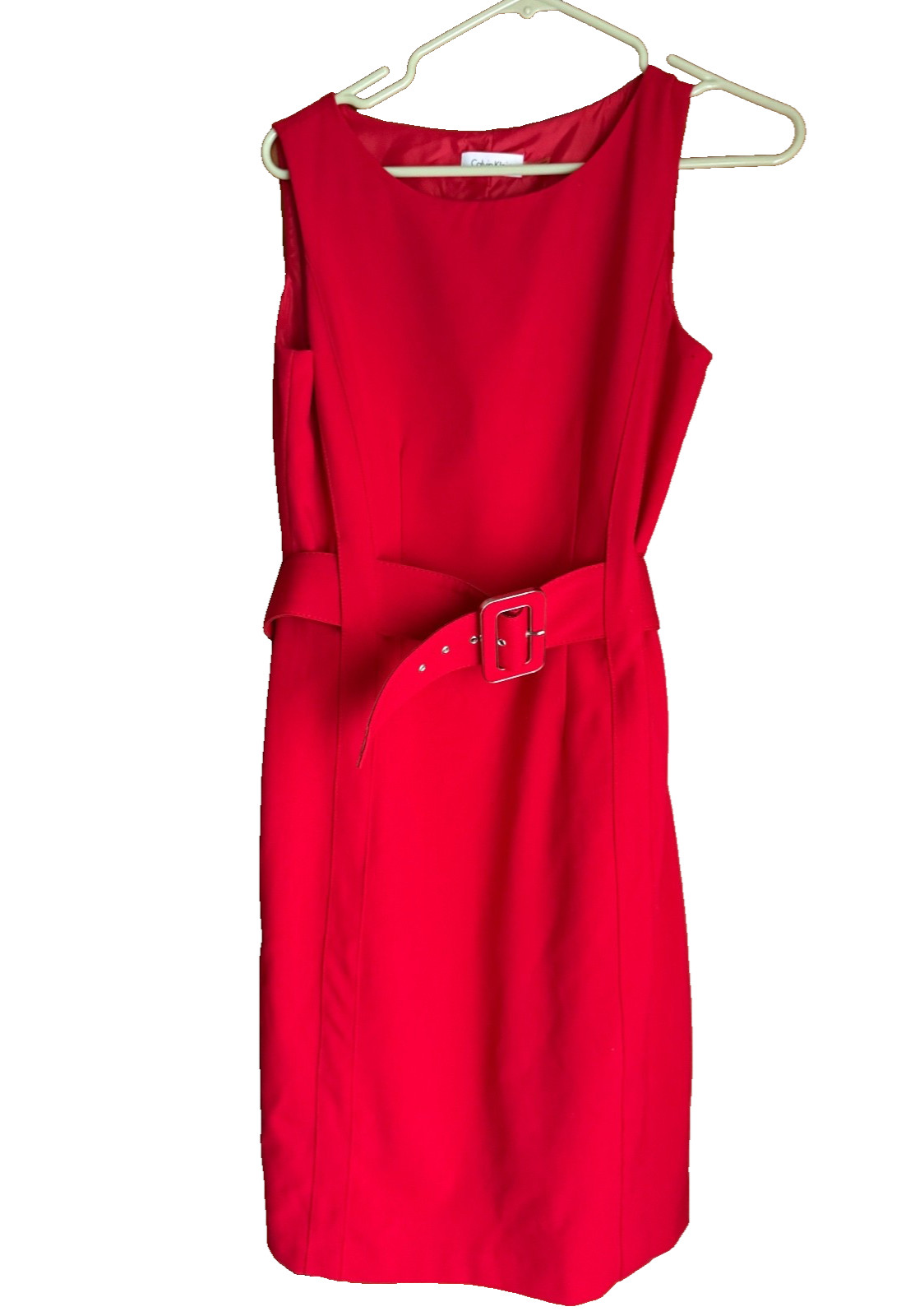 Calvin Klein: Red  Belted Sheath Dress | Sz  4  |  Sleeveless fully lined