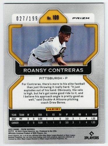 2022 Panini Prizm Roansy Contreras Rookie RC Blue Donut Prizm /199 #109 Pirates - Picture 2 of 2