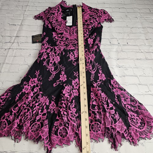 BEBE Valorie S/S Lace Godet Dress Size 0 Pink Black Lined Short NWT Zip Back - Picture 10 of 14