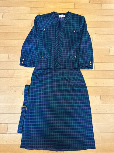 Vintage Henry Lee Anzug Damen 14 blau kariert ahnungslos Kostüm Büro Blazer Gürtel - Bild 1 von 7