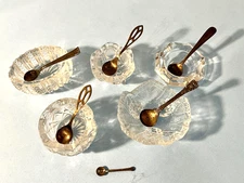 5 Vintage Glass Salt Cellars w/ Silver Spoons Miniature Dollhouse Collectors