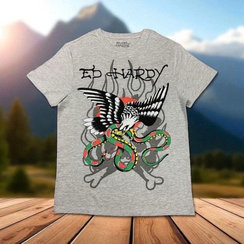 Ed Hardy Mens S Graphic Studded Eagle Vs Snake Tattoo White Crewneck T Shirt - Picture 5 of 16