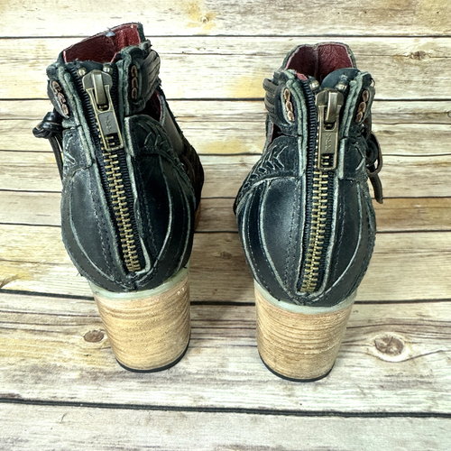 Botas Wazee Freebird para mujer de cuero negro gladiador tacón bloque punta abierta talla 7 - Imagen 6 de 7