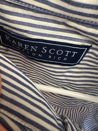 Karen Scott camicia vintage insegnante a righe ricamate con bottoni blu/bianco grande - Foto 10 di 11