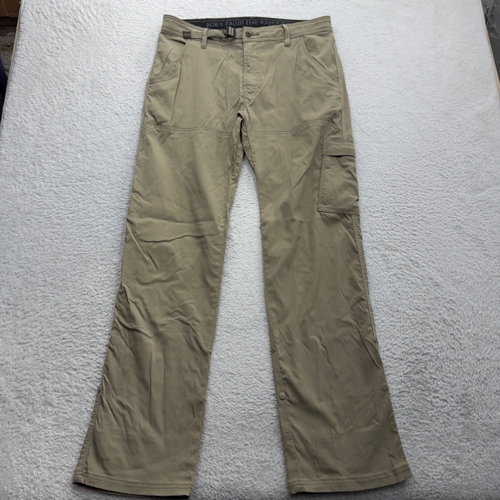 Prana Zion Mens 34x32 Khaki Tan Nylon Stretch Hiking Cargo Pants Snap Hem Belt