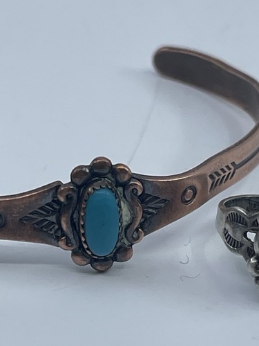VTG 60’s Southwest Copper Bangle Turquoise Stone Sterling Silver Ring Childs - Picture 5 of 20