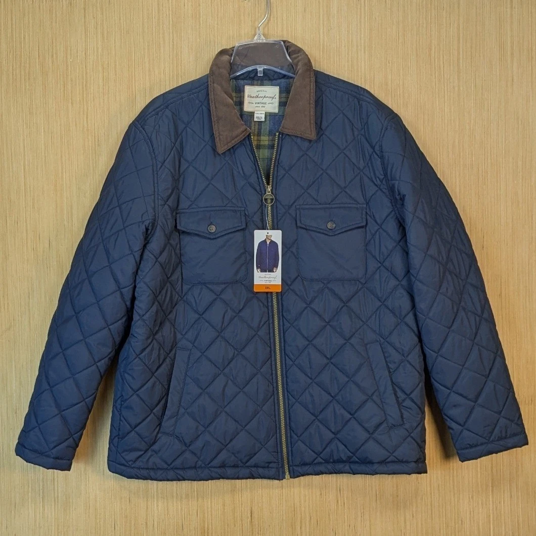 Weatherproof Vintage Mens Quilted Jacket Navy Blue Plaid Lined XXL Gorpcore
