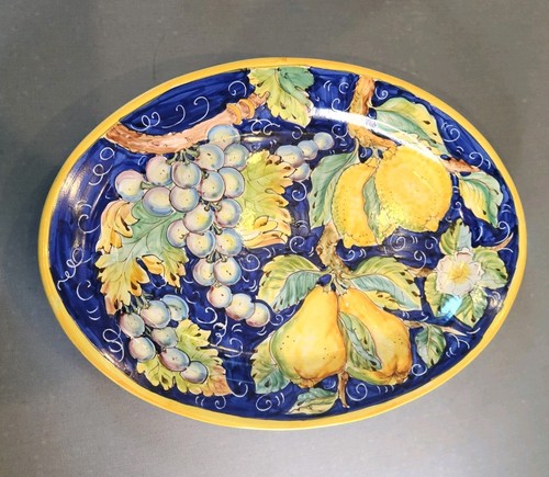 Tuscany Italy Italian Pottery Tuscan Lemons Grapes Oval Serving Platter Blue 19" - Picture 3 of 8