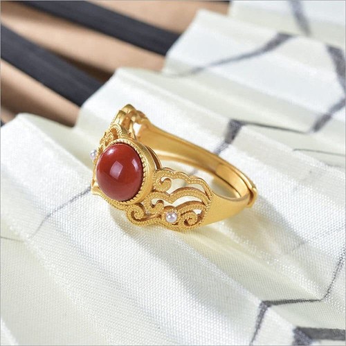 Natural Red Jade Ring Chinese Retro Women Adjustable Creativity Jewelry - Picture 5 of 5