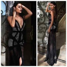 House of CB Chapou Black & Nude Mesh Net Deep Plunge Maxi Gown Small