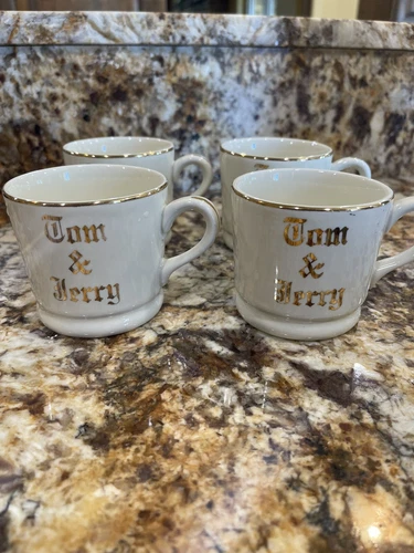 Vintage Tom & Jerry Hall Pottery Cups Set Of 4, Ivory With Gold Trim And Letters