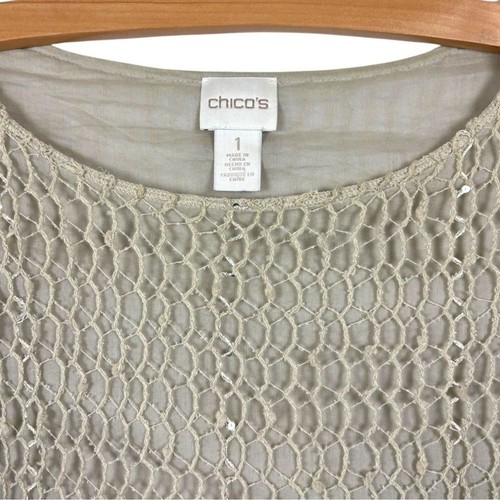 Chico’s Alisha Top 3/4 Sleeves Beige Mesh Overlay size Medium Nautical Mermaid - Picture 7 of 10