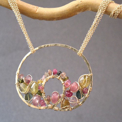 Necker 332 ~Tourmaline Wrapped in Circle Pendant Necklace, Metal Choice - Picture 2 of 3