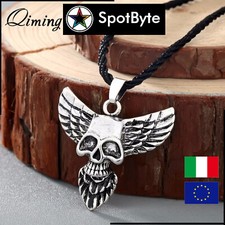 Collana Uomo Vichinga Gotica Teschio su Aquila Placcata Argento con Corda