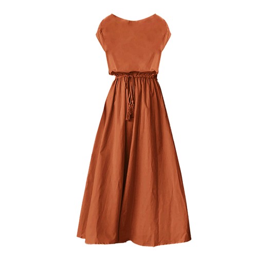 Women Vintage Short Sleeve Dress Cotton Linen Drawstring Waist A Line Long Dress - Picture 2 of 51