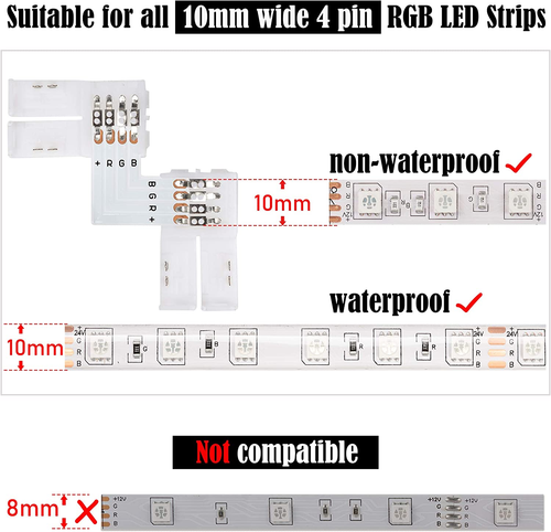 L Shape 4-Pin LED Connectors 10-Pack with 22Pcs Clips 10Mm for Strip Lights - Picture 4 of 12