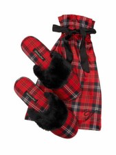 NWT VICTORIA'S SECRET Signature Satin Slipper W/ Bag M LipstickRed/Black Plaid