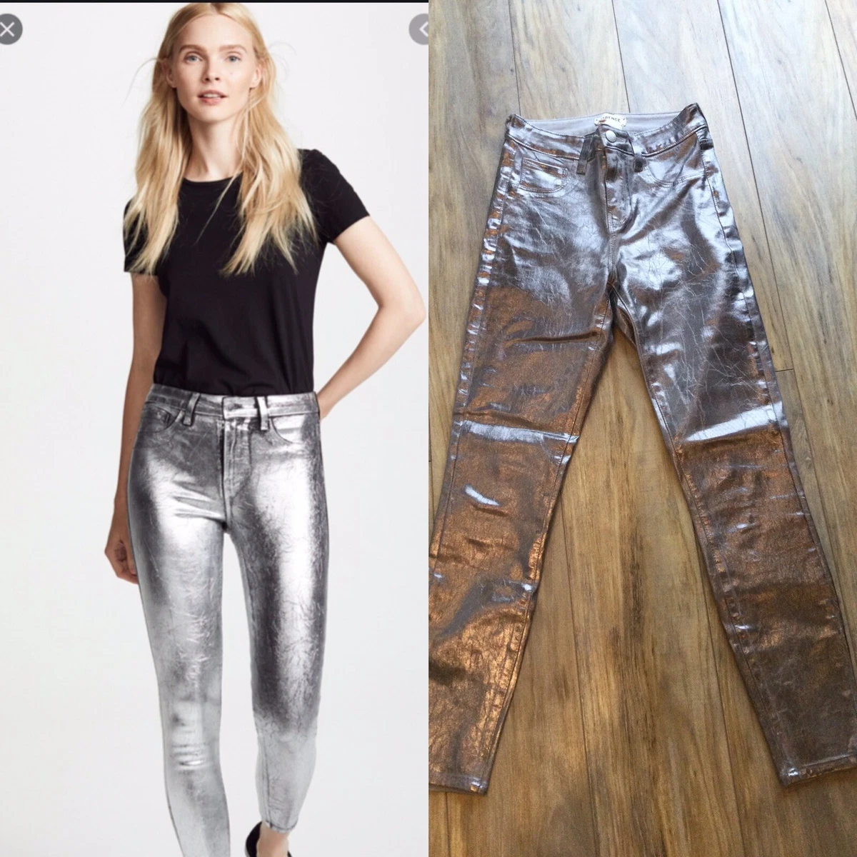 L’Agence Margot Skinny High-Rise Mettalic Silver Jeans Size 24 Retail 595.00