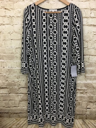 Tash & Sophie Black White Chain Textured 3/4 Sleeve Dress Size 12 NWT