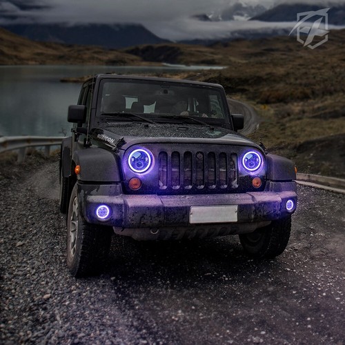 Xprite 7" RGB Halo LED Faros y 4" Kit de Luces Antiniebla para 07-18 Jeep Wrangler JK - Imagen 4 de 7