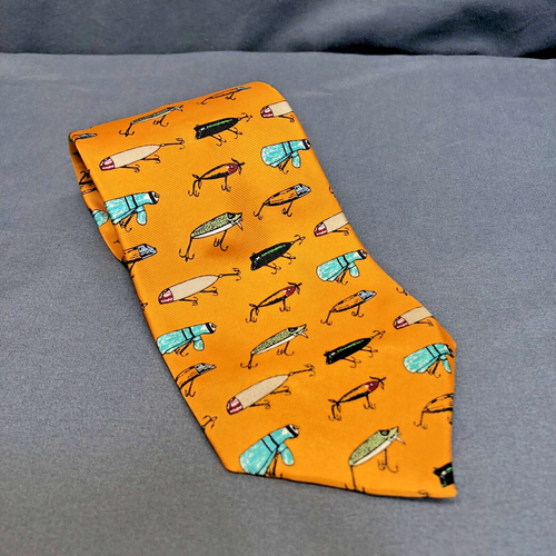 Esca da Pesca Cravatta Seta Vintage Old Navy Oro Multicolore Made in USA Novità - Foto 2 di 8