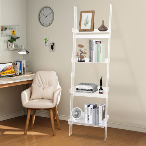 Freestanding Acrylic Bookcase 4-Tier Ladder Bookshelf Home Office Storage Rack