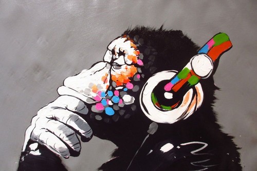 Auriculares de pintura Banksy impresión de chimpancés en lienzo enmarcado arte de pared - Imagen 3 de 11