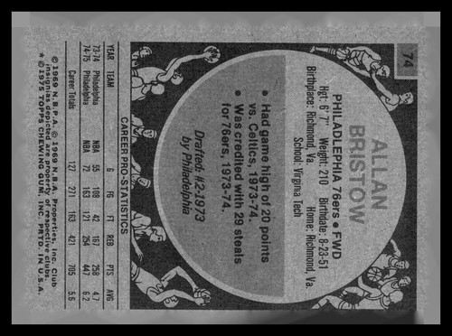1975-76 Topps BASKETBALL Allan Bristow #74 Rookie RC - Picture 2 of 2