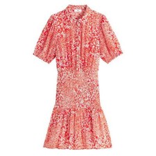 La Redoute Red Floral Dress UK 12 Smocked Fitted Waist Shirt RRP £58