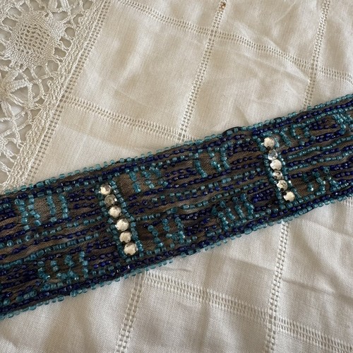 Antique 1920s Silver Lamé Blue Beaded Dress Belt Sash Rhinestones Vintage Trim - Picture 9 of 13