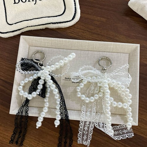 Exquisite Pearls Beaded Bow Keyring Lace Bowknot Phone Chain Keyring Bag Pend-vm - Picture 3 of 8