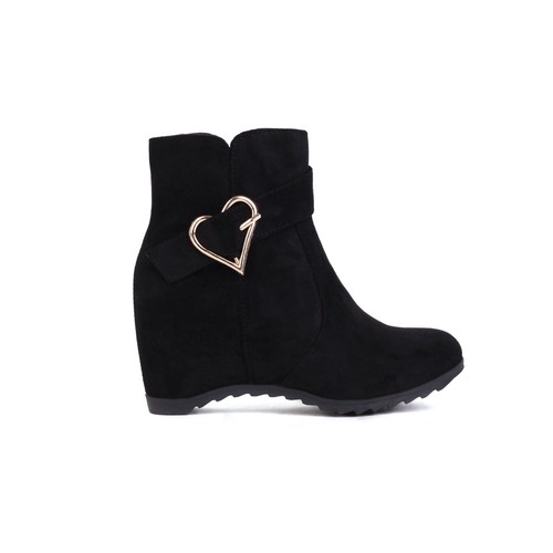 Women's Hidden Wedge Heel Shoes Love Buckle Faux Suede Round Toe Zip Ankle Boots - Picture 5 of 26