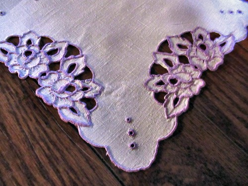 Vintage Linen Doily 13" Square Handmade Lace Lilac-Colored Roses - Picture 3 of 3